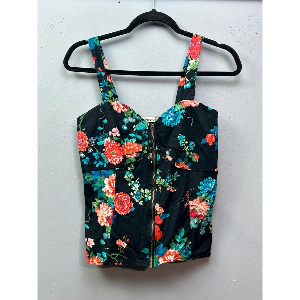 Liberty Love Corset Top Womens XL Black Floral Zipper Front Smocked Tank Concert